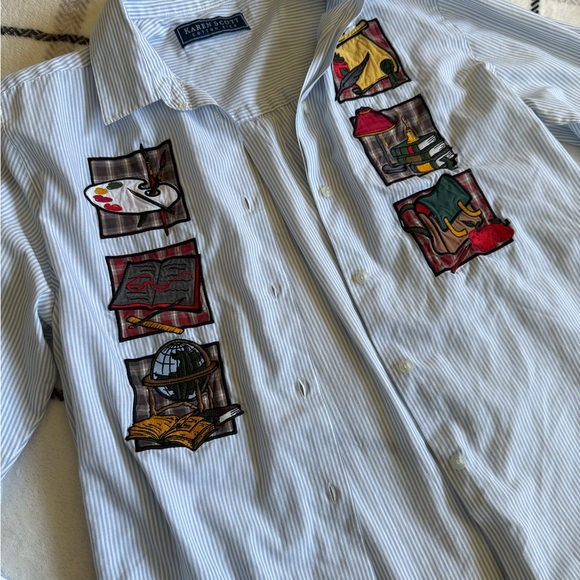 Ralph Lauren Tops - Karen Scott Striped Button-Up Shirt with Colorful Embroidered Patches- The Arts